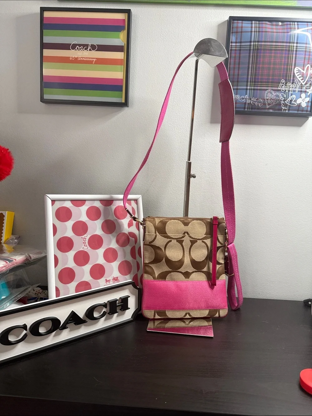 Coach Vintage Signature Stripe Canvas Crossbody with Pink Leather Trim